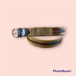 Vintage NeedlePoint Belt Equestrian Horse Bit Turquoise Silver Leather Brown